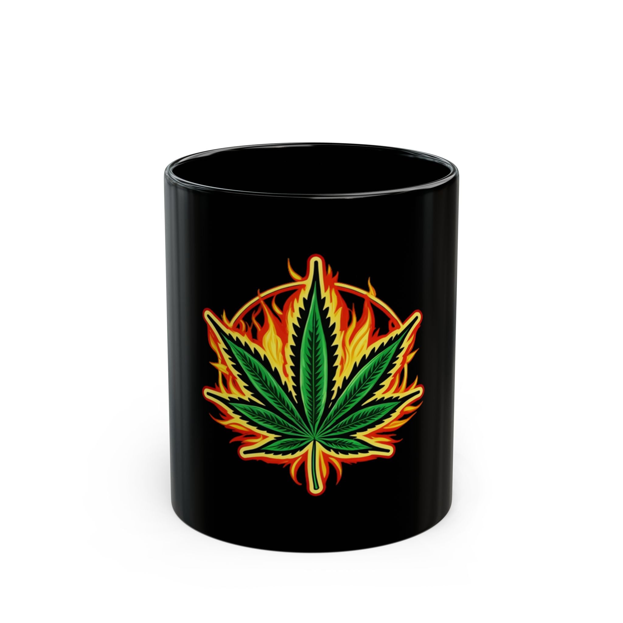 Flaming Cannabis Leaf Mug | Black Ceramic Coffee Cup